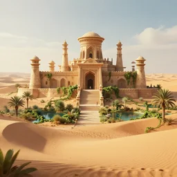 beautiful render of a desert landscape, unreal engine, tribal palace, majestic dunes, lush oasis, vines, soft light, by greg rutkowski, cgsociety