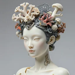 hyper detailed ultra sharp portrait of a beautiful fashionable porcelain ivory cyberpunk mechanoid, well contoured smooth fair skin, up close shot, sharp focus, global illumination, radiant light, haute couture steampunk embroidered mechanical corals headdress made of corals, hexagonal black mesh wire, brackets, mushrooms, puffballs, rhizomorphs, alexandre ferra, irakli nadar, octane highly render, 4 k, ultra hd,