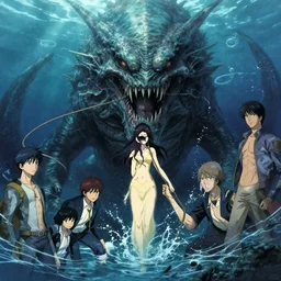 an intense lovecraftian sea monster lurking beneath the water, a woman holding on to a rope above surface by takehiko inoue and kim jung gi and hiroya oku, by thomas kinkade and greg rutkowski and ilya kuvshinov, masterpiece illustration, ultrarealistic, perfect face and anatomy, golden ratio