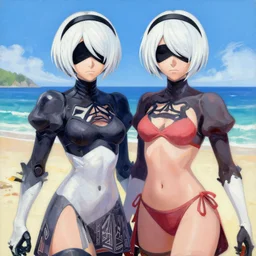 greg manchess portrait painting of 2 b nier automata as tracer from overwatch in a bikini on the beach, organic painting, sunny day, matte painting, bold shapes, hard edges, street art, trending on artstation, by huang guangjian and gil elvgren and sachin teng
