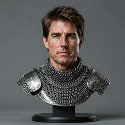 studio photograph of hyperrealistic accurate portrait sculpture of tom cruise, beautiful symmetrical!! face accurate face detailed face realistic proportions, made of chain mail and plate armor on a pedestal by ron mueck and frank frazzetta, hyperrealism cinematic lighting shocking detail 8 k