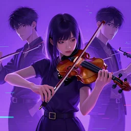 girl playing violin, highly detailed, masterpiece, artstation, art by emika lightweaver and antoine collignon and akihiko yoshida, glitchcore, purple palette