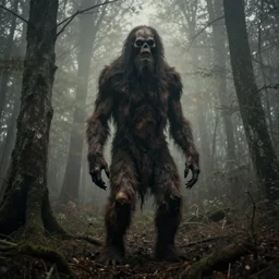 an old worn photo of a tall horrific creature deep in a dark foggy forest