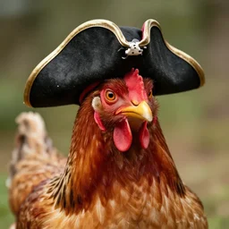 image of chicken wearing a pirate hat, realistic,