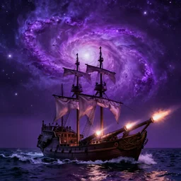 purple color lighting storm with stormy sea, pirate ship firing its cannons real life trippy nebula sky 50mm shot