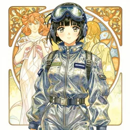 a water color manga portrait illustration by yoshiyuki sadamoto and alphons mucha sui ishida of an anime girl highly detailed anime eyes wearing streetwear pilot suit lots of zippers, pockets, synthetic materials, jumpsuits by issey miyake and balenciaga 8 k