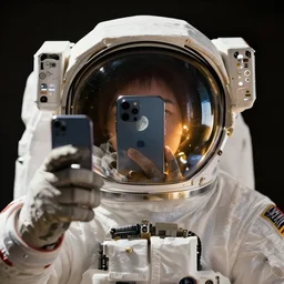 extremely detailed studio portrait of space astronaut taking a selfie, holds a smart phone in one hand, phone!! held up to visor, reflection of phone in visor, moon, extreme close shot, soft light, golden glow, award winning photo by michal karcz and yoshitaka amano