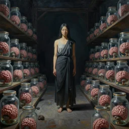 painting of a mi - go in a dark room full of jars with brains in them