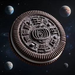 a starship in the shape of a oreo cookie, seen from far away, internation station, planets, stars, galaxy, hyper high detail, hyper tech, space journey aesthetic, matte painting, artstation, octane render