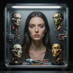 beauty woman, Blade runner artifacts, electronic case display, cyberpunk tech, ultrarealistic, futuristic, three point lighting, dramatic lighting, electrical details, high details, 4k, 8k, best, accurate, trending on artstation, artstation, photorealism, ultrarealistic, digital painting, style of Wayne Barlowe, Caravaggio, Dali, Boris Vallejo, Hajime Sorayama