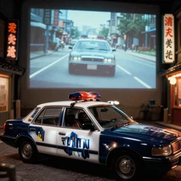 fuji 5 0 r, tilt sift ; brugge ( 1 9 9 2 ) film still police car interior with front seat side window view ; in background a projection of beautiful hyperrealistic film still from ronin ( 1 9 9 0 ) car chase scene directed by wes anderson instyle of 1 9 9 0 s frontiers in miniature porcelain kintsugu design magazine seinen manga edition, real - life seinen manga porcelain sci - fi font izakaya sign, highly detailed, cinematic lighting, 8 k