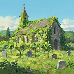 a traditional gouache painting of grapevine bushes, grapevine covered church reclaimed by nature, in the middle of old cemetery destroyed after hurricane, panorama, a matte painting by makoto shinkai, pixar photorealistic, deviantart, matte drawing, concept art, matte painting