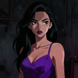 neo - noir, cell shaded, portrait of a woman in a purple dress, dark background, moody lighting, detailed, thick line art, dark shadows, artstation, photoshop, trending, grunge, dark background