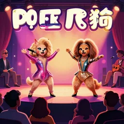 two drag queen dogs performing on stage in front of audience, poster art, advertisement