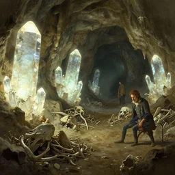a cave with huge glowing crystals in the walls and piles of bones on the floor, art by donato giancola and greg rutkowski and martin deschambault, artstation