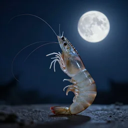 A human transforming into a shrimp under the moonlight