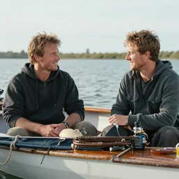 simon lane and lewis brindley on a boat, high detail, 4 k