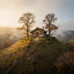 a hobbit cottage on top of a steep hill, greg rutkowski, zabrocki, moebius, karlkka, jayison devadas, highly detailed, autumn sunlights, smoky atmosphere, ( ray of sunlight ), trending on artstation, 8 k, ultra wide angle, zenith view, pincushion lens effect