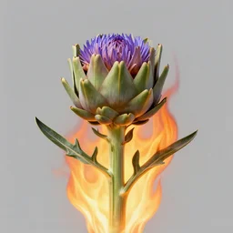 A tall artichoke in flower in flames