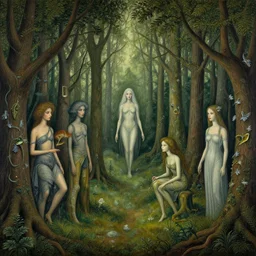 ephemeral forest spirits in an enchanted fairy - tale otherworldly biome, the soulful landscape of the inner thought of hieronymus bosch, cyril rolando, escher and natalie shaw, bizarre, deep, impossible. painted, intricate, fashionable on devaintart