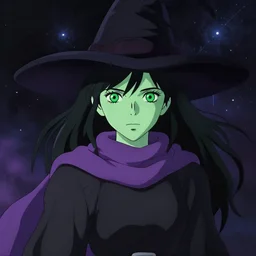 green female witch wearing a purple scarf, jet black hair, bright green eyes and pale greenish skin, simple black dress and black witch hat, detailed perfect face, exquisite details, mid view, design on a dark galactic background, by studio muti, greg rutkowski makoto shinkai takashi takeuchi studio ghibli