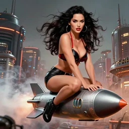 beautiful megan fox retro space varga girl riding a rocket in a diesel punk city, windblown dark hair, retro pinup model, seductive, 1 9 4 0, glamour pose, intricate, smoke, hyper detailed, digital art, smooth, sharp focus, alberto vargas, gil elvgren, greg rutkowski, propaganda poster