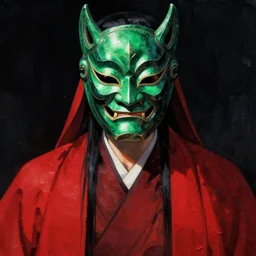 portrait of man, emerald ritual mask, red mantle, oil texture, dark, majestic, powerful, dark fantasy manga artstyle, by yuusuke murata and kentarou miura