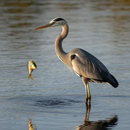 blue heron golden hour river catching jeweled fish