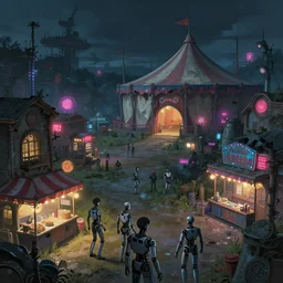 close - up of cyborgs exploring small town amusement park, open landscape, food stalls, cyberpunk nightmare big top circus tent, highly detailed, dark, damaged buildings, neon lights, digital painting, concept art, matte, art by ruan jia and wlop and greg rutkowski and makoto shinkai, masterpiece