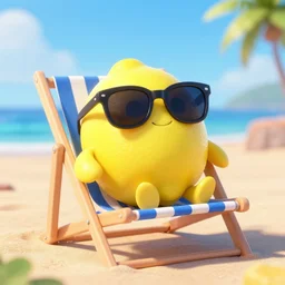 Pixar render of a lemon sitting in a beach chair wearing sunglasses at the beach, 4K, high octane