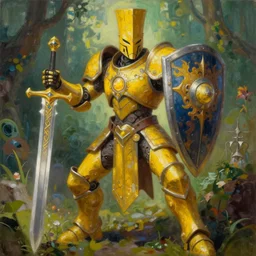 full body, attack position abstract painting in lush fantasy environment of a ornate holy mechanical warforged with circular glowing eye, character in yellow armor holding a legendary paladin engraved holy great longsword and carrying a huge heavy paladin shield, vertically flat head, face in focus, epic , trending on ArtStation, masterpiece,  cinematic lighting, by Christopher Balaskas