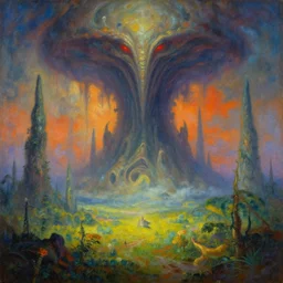 beautiful vivid alien landscape with evil looming, by roger dean, by anton fadeev, by albert bierstadt, magical realism, oil on canvas, soft render, octane, artstation