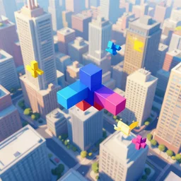 city birds eye view, tetris, colourful
