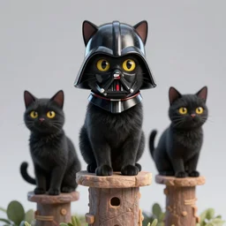 3 d rendered hyper realistic hyper detailed black cat wearing a cat - shaped darth vader helmet standing on a cat tower, octane render, blender, 8 k