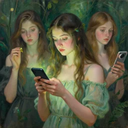 goddess of nature checking her phone, magic realism, art by josephine wall, art by huang guangjian, portrait by viktoria gavrilenko, art by amanda sage