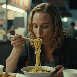 A close-up, color cinema film still of a Alicia Amanda Vikander Eating noodles at a Asian food stall, ambient lighting at night, from Matrix(1999).
