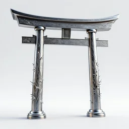 3 d photographic render of a torii gate sculpture, fractal chrometype, made of liquid metal, neotribal with thorns and thunders, cyberpunk japanese temple, raytraced, hyper realistic, volumetric lightning, 8 k, by zhelong xu, ouchh and and innate studio