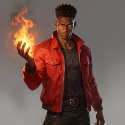 a highly detailed illustration of attractive young african guy with flat top hair wearing red jacket, dramatic standing holding fire in hand pose, intricate, elegant, highly detailed, centered, digital painting, artstation, concept art, smooth, sharp focus, league of legends concept art, wlop