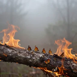 on a misty, a group of butterflies dwelt in a burning wood, overlooking, by craig mullins