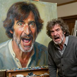 old bob ross is sad and angry and yelling at a huge painting by bob ross, eyes