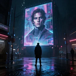 a shadow standing in a dark cyberpunk street, dimmed neon lights, lens flare, heavy rain, deep focus, d & d, intricate, elegant, highly detailed, digital painting, artstation, holographic ad, blade runner, concept art, matte, sharp focus, illustration, art by artgerm and moebius and ralph mcquarrie