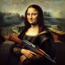 Monalisa holding a AK-47, realistic painting by Leonardo da Vinci