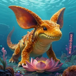 A psychedelic This velvetine monster looks like a mosasaur and a lotus. It has a amber colored body, giant ears and a glowing nose. It can be found in the ocean and is aggresive to other REDACTEDMON., vibrant color scheme, highly detailed, in the style of romanticism, cinematic, artstation, Moebius, Greg rutkowski