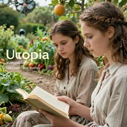 Utopia by Bob Byerley , old roads are transformed into gardens growing fruits and vegetables, Vivianne and Erika are reading philosophy, award winning movie, 16mm, futuristic, close-up, 8K, very beautiful, stunning, calm atmosphere, detailed