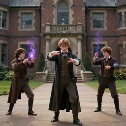 sharp, highly detailed, film still from a 2 0 1 9 sci fi color movie, set in 1 8 5 0 in an alternate universe, mid distant shot of three students practicing magic, outside the school of magic, 1 8 5 0 s era clothing, cinematic lighting, in focus, high quality special effects, cinematic photography