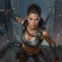 well muscled cyberpunk female amazon warrior, oil painting, detailed, portrait, in front of a cyberpunk city at night, dynamic pose, above view, top lighting, realistic shaded, loose brush strokes, perfect face, 8 k realistic, hyper detailed, digital painting, artstation, concept art, hyper detailed eyes, top lighting, art by sam spratt