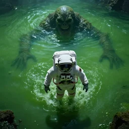 astronaut wading through a slimy green pool. A monster can be seen lurking under the surface. Overhead view. Cinematic. Horror.