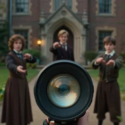 sharp lens, detailed, film still from a 2 0 1 9 sci fi 8 0 0 0 k movie, set in 1 8 5 0 in an alternate universe, mid distant shot of three students practicing magic, outside the school of magic, wearing 1 8 5 0 s clothes, atmospheric lighting, in focus, reflective eyes, live action, good special effects, nice composition