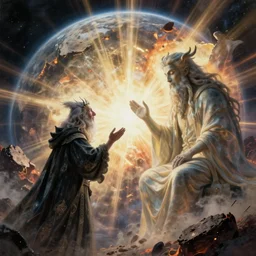 wizard on a planet speaking to a god while the planet is being destroyed