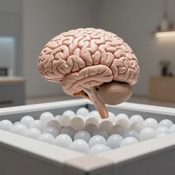 A disembodied, floating human brain playing in a ball pit